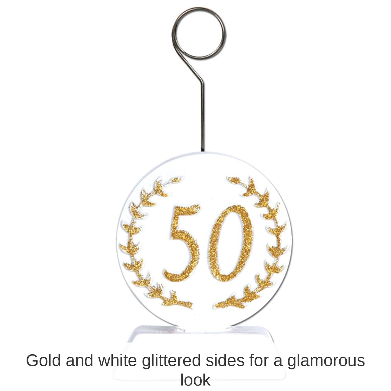 6 Pack Bulk Glittered 50th Anniversary Photo/Balloon Holder - gold/white