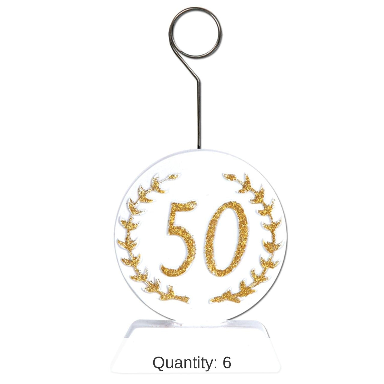 6 Pack Bulk Glittered 50th Anniversary Photo/Balloon Holder - gold/white