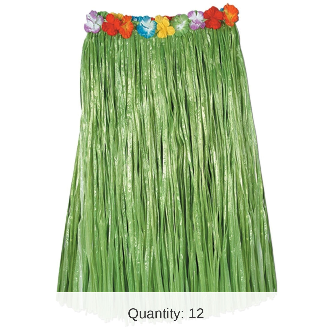 12 Pack Bulk Adult Artificial Grass Hula Skirt - green - with floral waistband