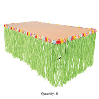 6 Pack Bulk Luau Party Artificial Grass Table Skirt - green - with floral trim