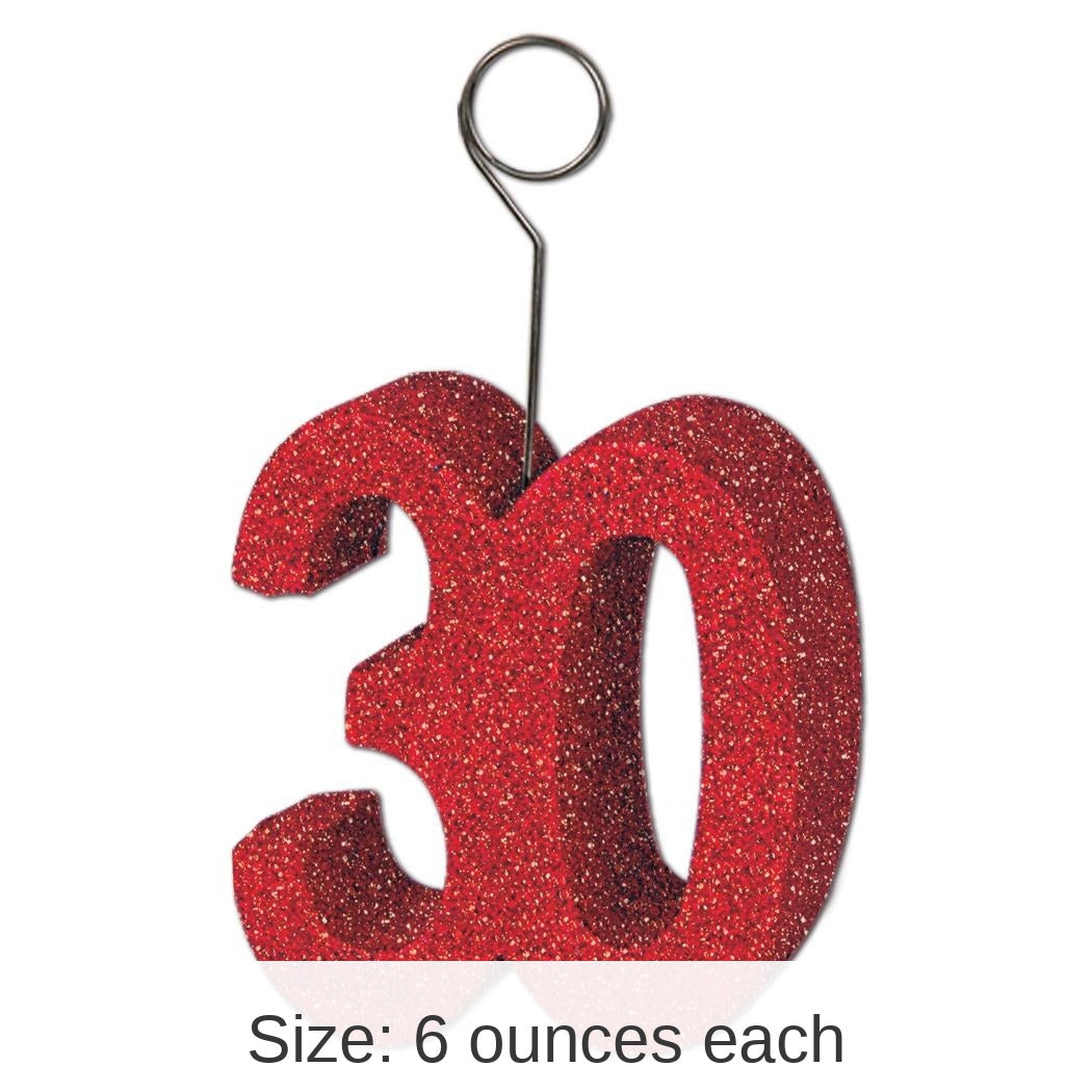 6 Pack Bulk Glittered 30th Birthday Party Photo/Balloon Holder - red