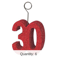 6 Pack Bulk Glittered 30th Birthday Party Photo/Balloon Holder - red