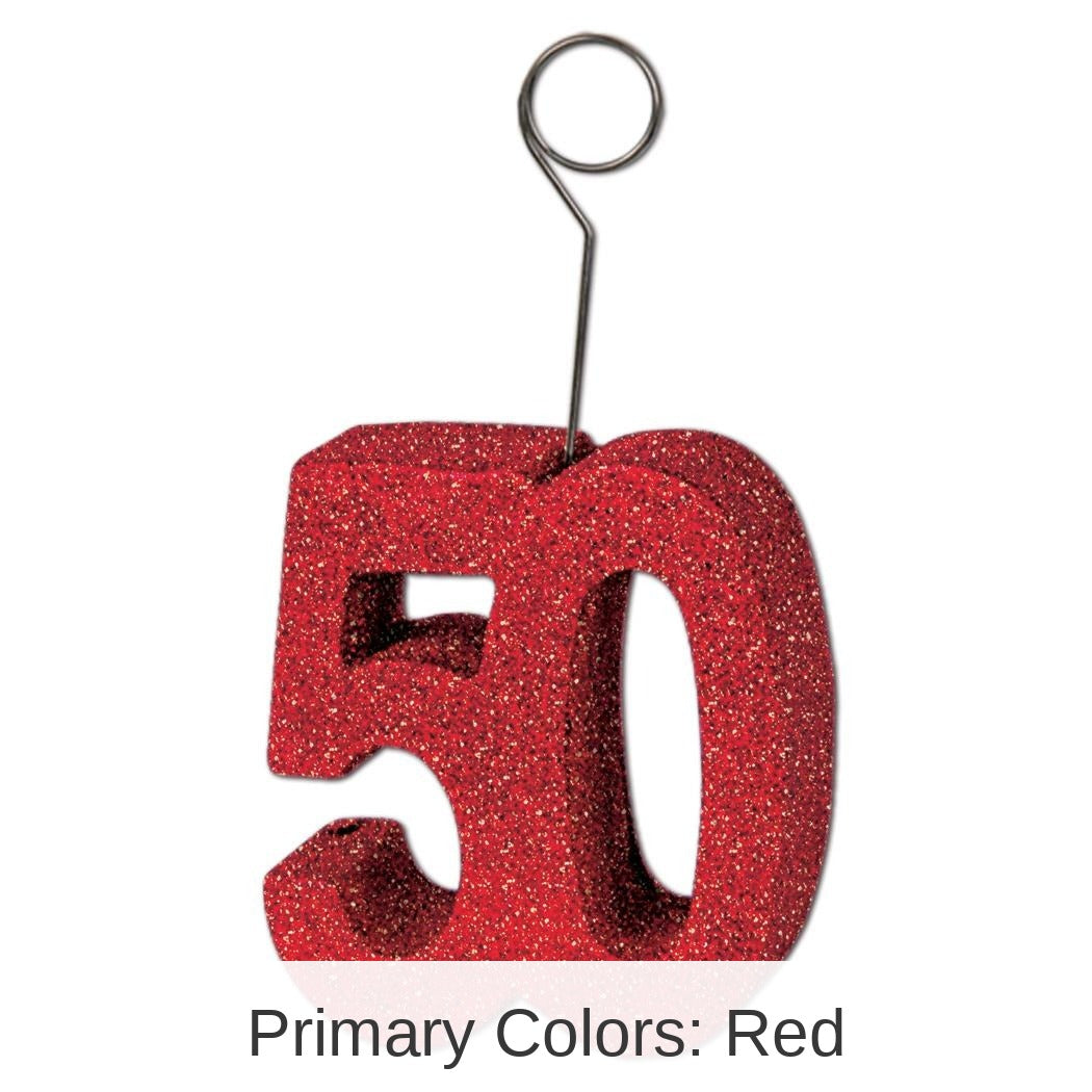 6 Pack Bulk Glittered 50th Birthday Party Photo/Balloon Holder - red