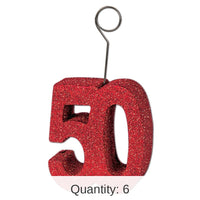 6 Pack Bulk Glittered 50th Birthday Party Photo/Balloon Holder - red