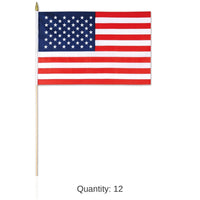 12 Pack Bulk American Flag - Fabric - with 30 spear-tipped wooden stick
