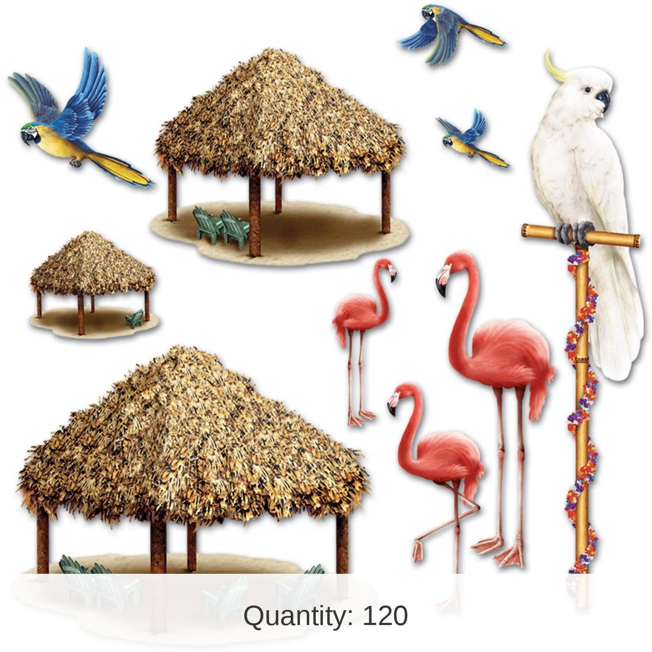 120 Piece Bulk Luau Party Tiki Hut/Tropical Bird Props