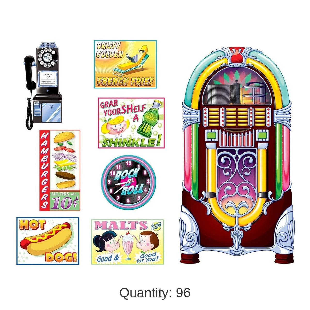 96 Piece Bulk Soda Shop Signs/Jukebox Party Props