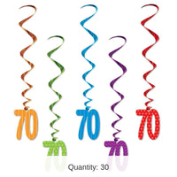 30 Piece Bulk 70th Birthday Party Whirls - Asst colors with Design