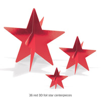 36 Pack Bulk 3D Red Foil Star Centerpieces Assorted Sizes