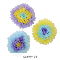 36 Piece Bulk Tissue Flowers Party Decoration blue - lavender - yellow
