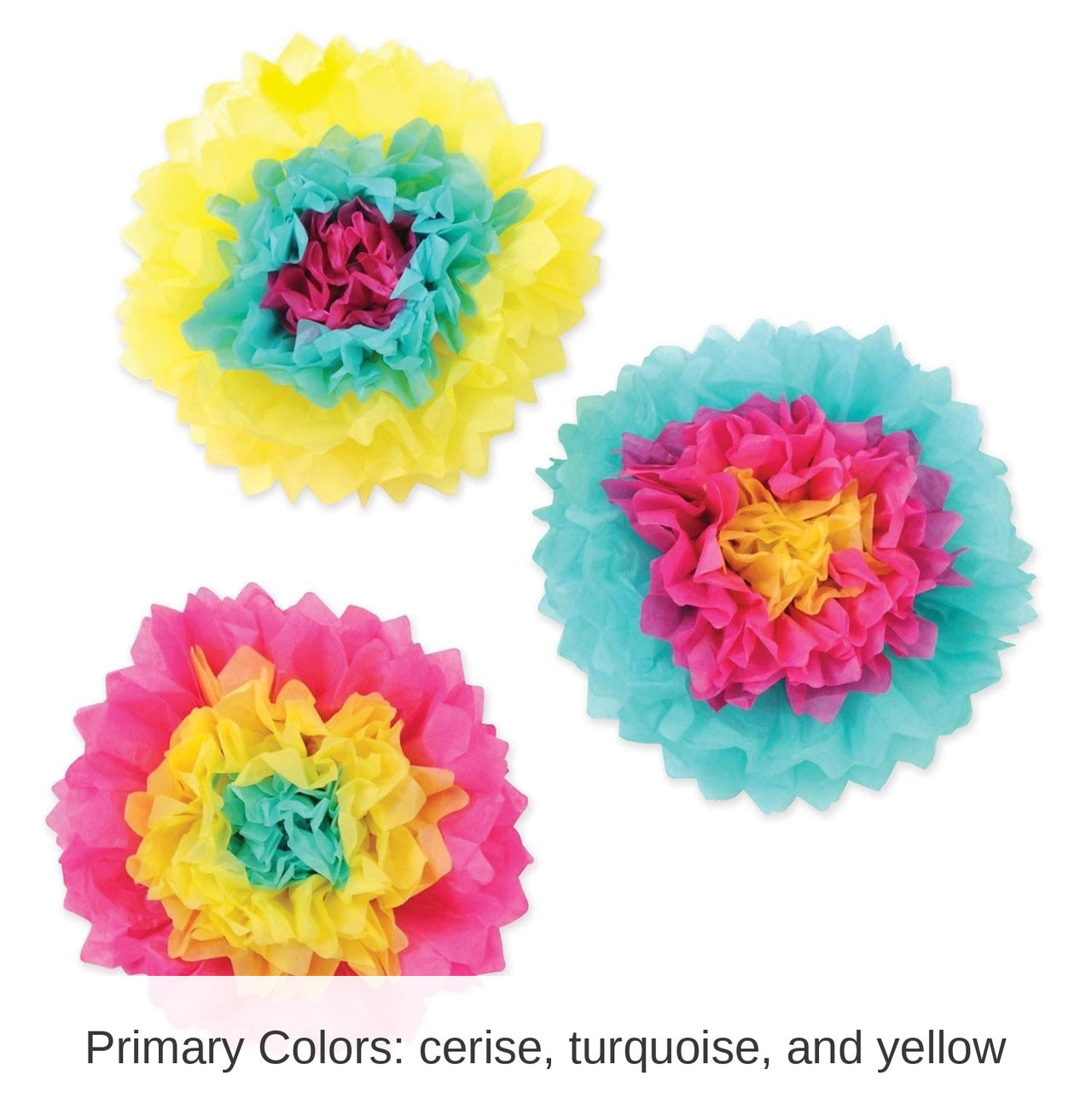 36 Piece Bulk Luau Party Tissue Flowers cerise - turquoise - yellow