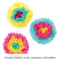 36 Piece Bulk Luau Party Tissue Flowers cerise - turquoise - yellow