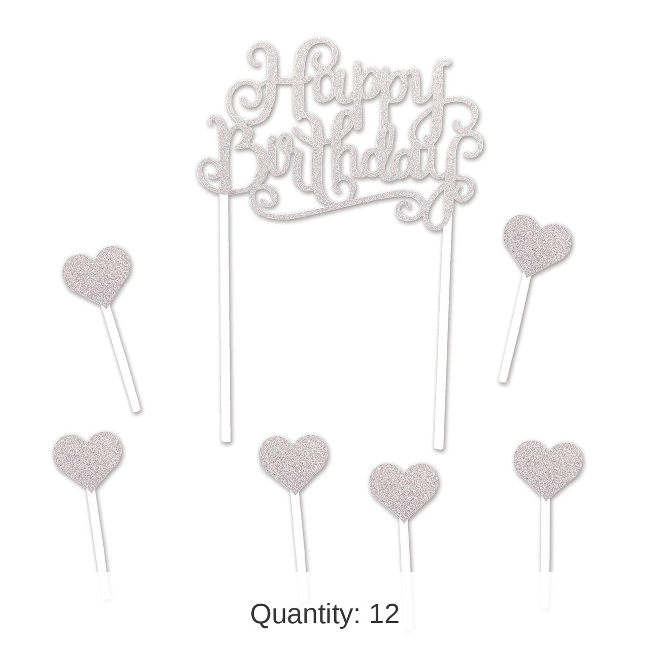 12 Pack Bulk Happy Birthday Party Cake Topper- Silver