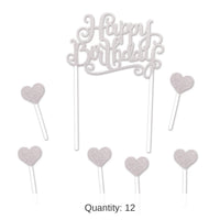 12 Pack Bulk Happy Birthday Party Cake Topper- Silver