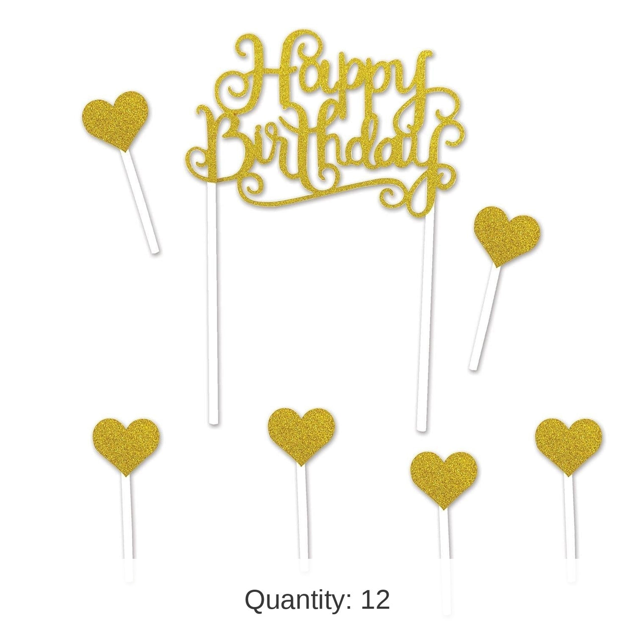 12 Pack Bulk Happy Birthday Party Cake Topper- Gold