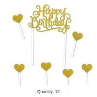 12 Pack Bulk Happy Birthday Party Cake Topper- Gold