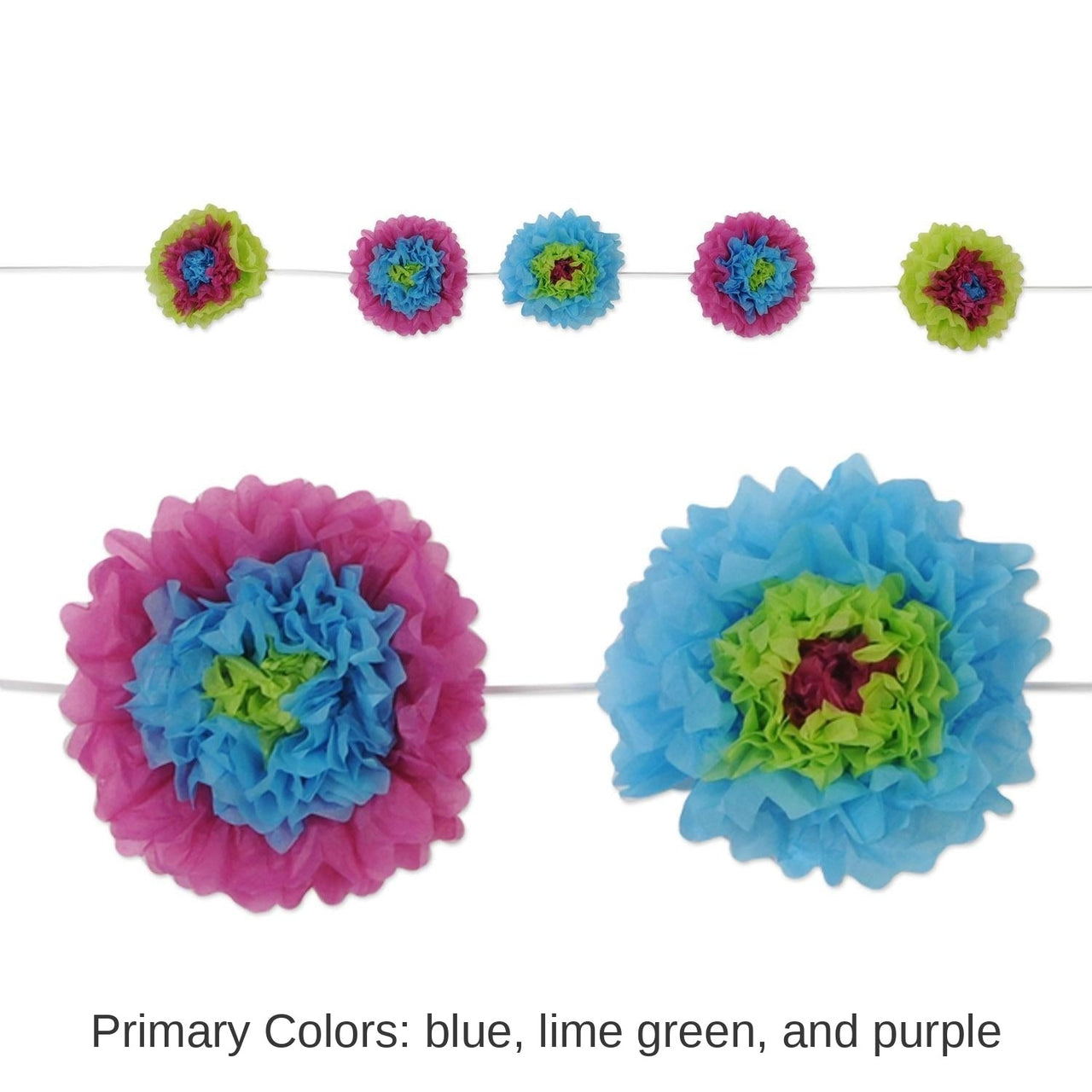 6 Pack Bulk Tissue Flower Party Garland - blue - lime green - purple