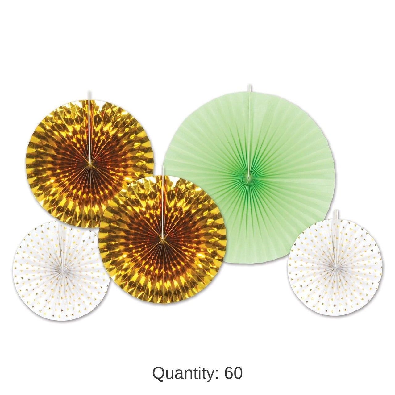 60 Piece Bulk Paper/Foil Decorative Fans - Asst gold/mint green