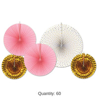 60 Piece Bulk Paper/Foil Decorative Fans - Asst gold/pink