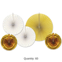 60 Piece Bulk Paper/Foil Decorative Fans - gold