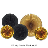 60 Piece Bulk New Year's Eve Paper/Foil Decorative Fans - Asst black/gold