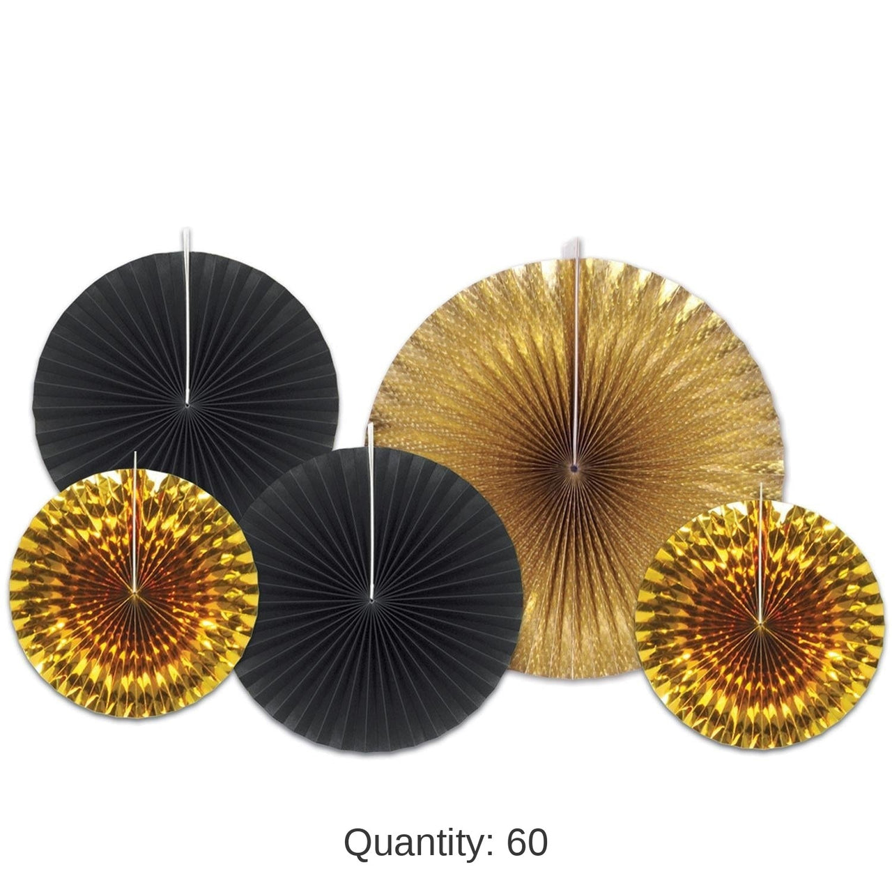 60 Piece Bulk New Year's Eve Paper/Foil Decorative Fans - Asst black/gold