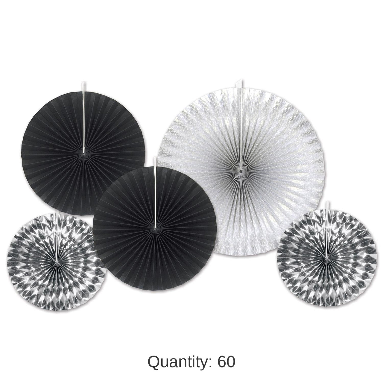 60 Piece Bulk New Year's Eve Paper/Foil Decorative Fans - Asst black/silver