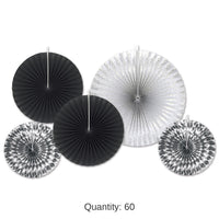 60 Piece Bulk New Year's Eve Paper/Foil Decorative Fans - Asst black/silver