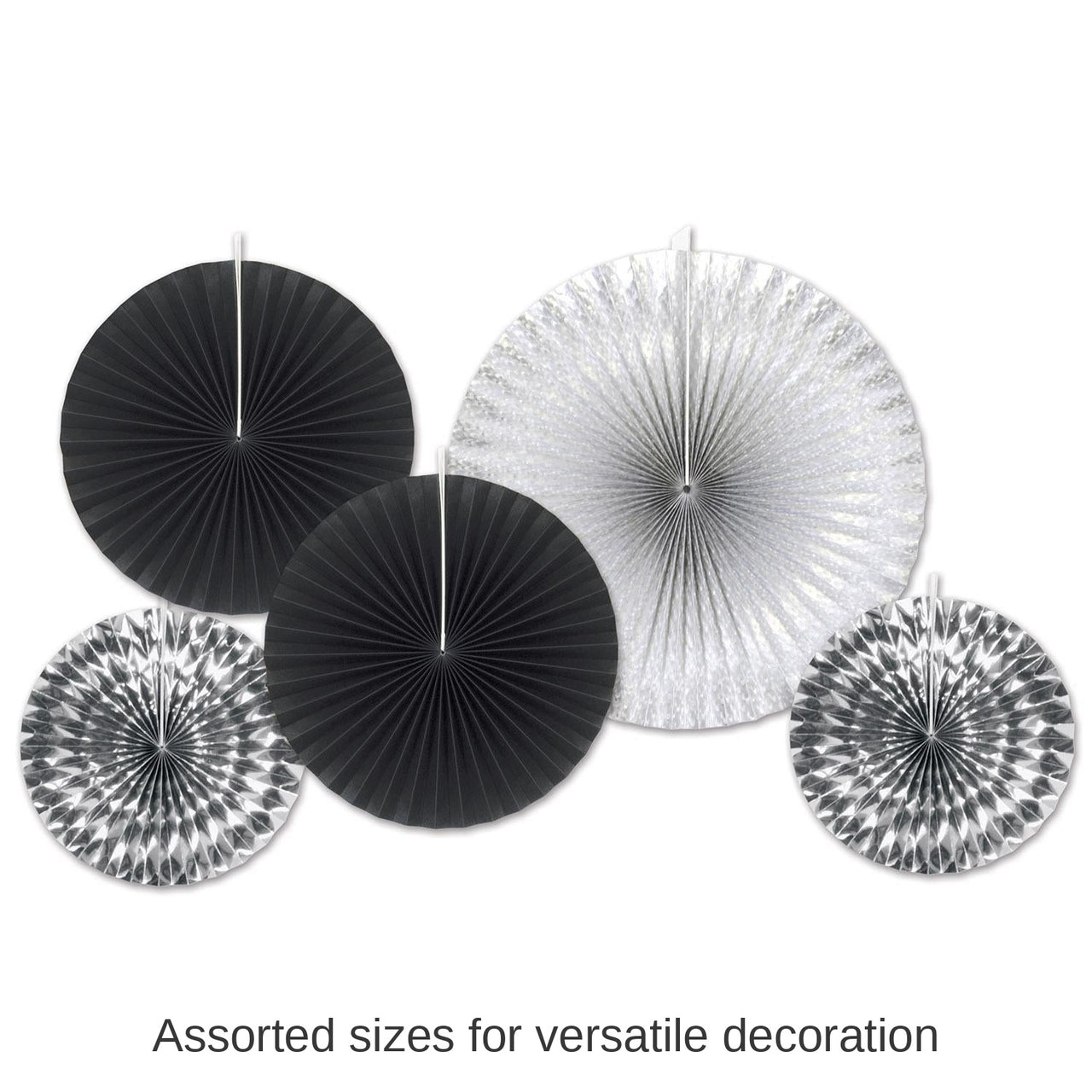 60 Piece Bulk New Year's Eve Paper/Foil Decorative Fans - Asst black/silver