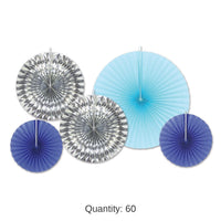 60 Piece Bulk Christmas Paper/Foil Decorative Fans - Asst blue/silver
