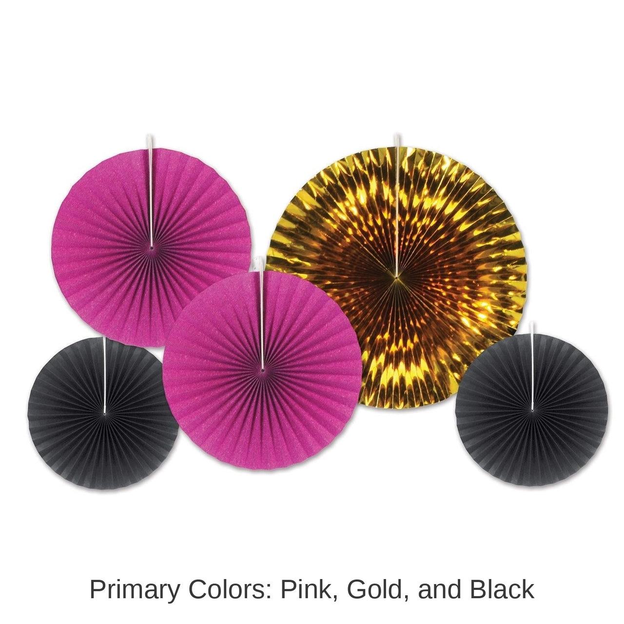 60 Piece Bulk Paper/Foil Decorative Fans - Asst black - cerise - gold