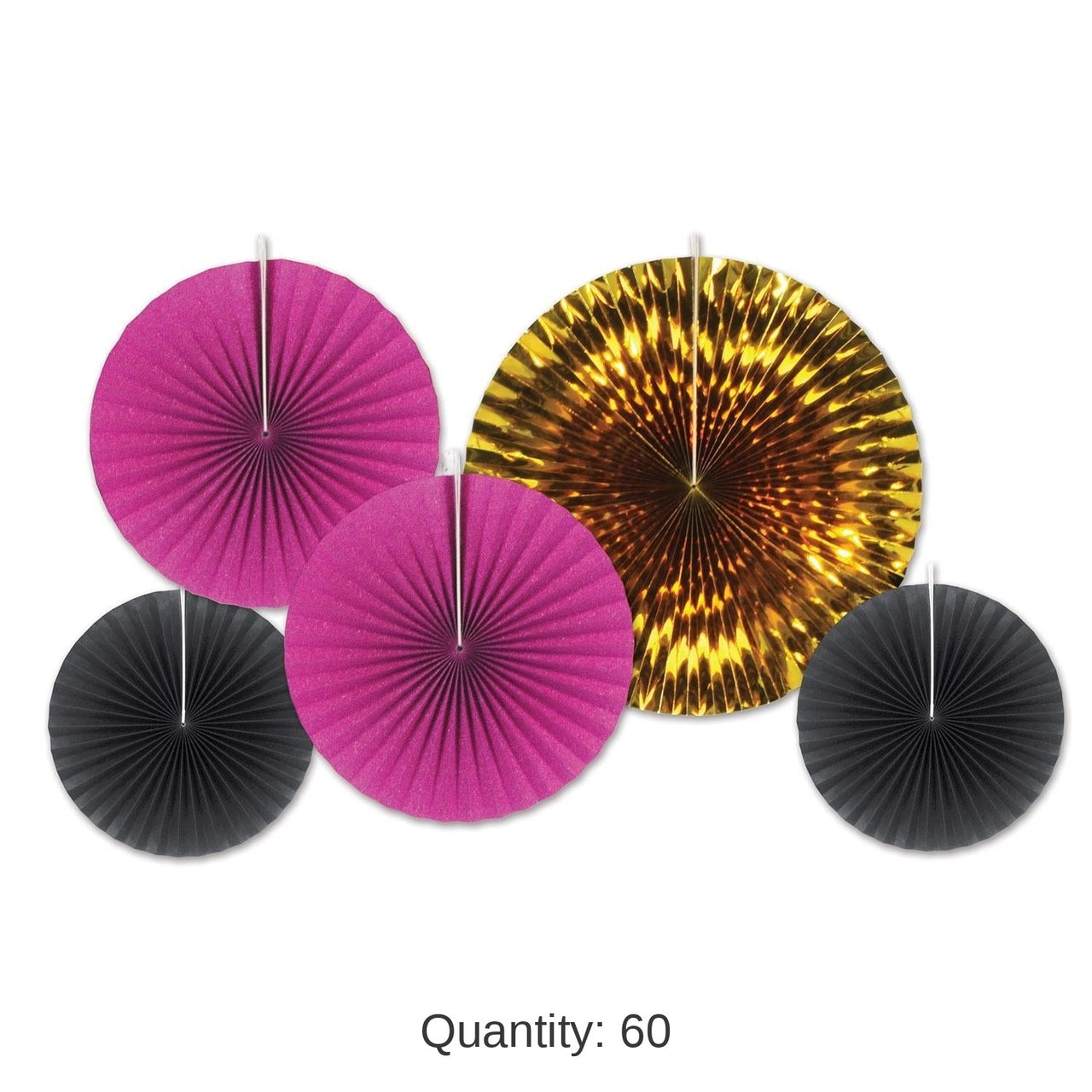 60 Piece Bulk Paper/Foil Decorative Fans - Asst black - cerise - gold