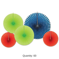 60 Piece Bulk Paper/Foil Decorative Fans - Asst red - blue - lime green