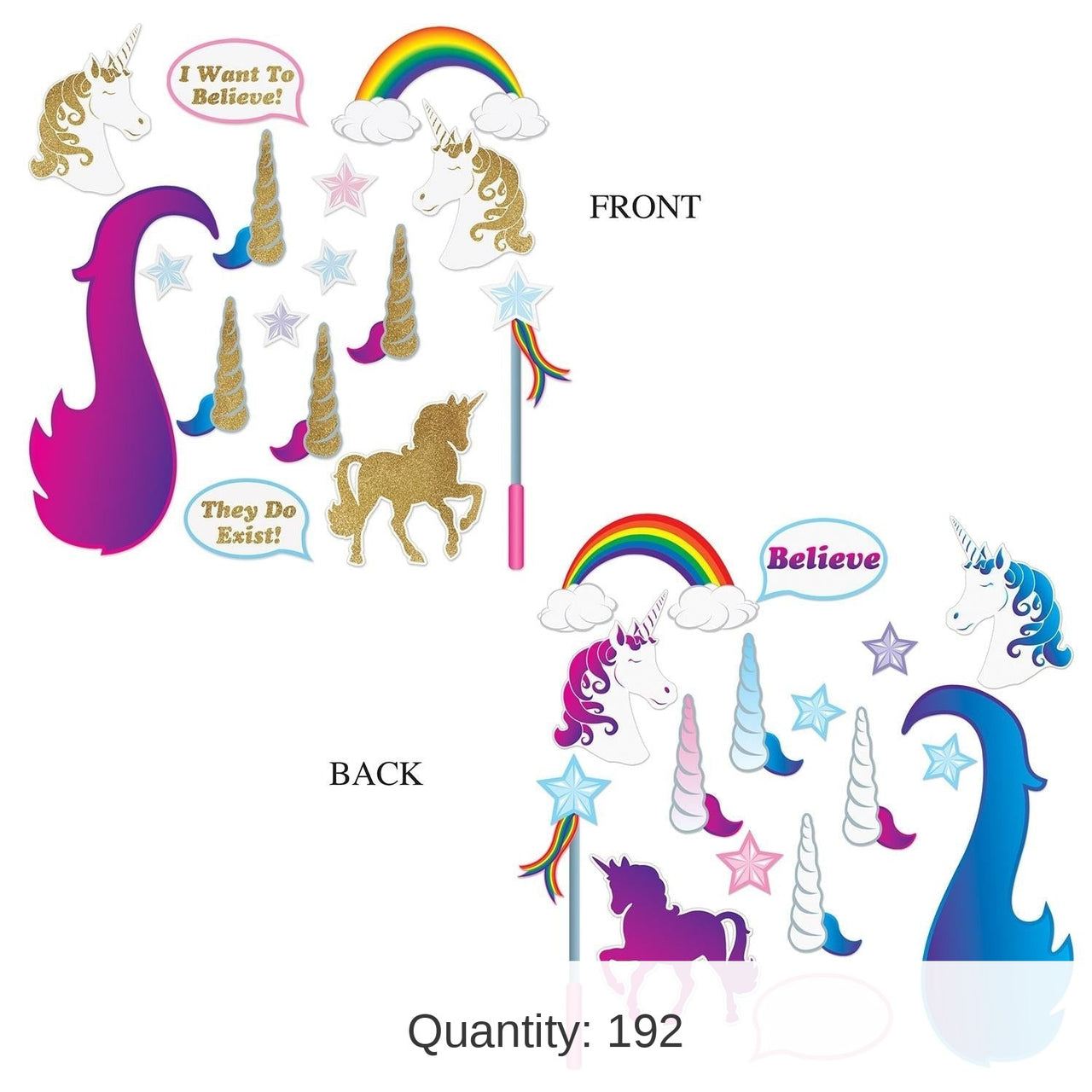 192 Piece Bulk Unicorn Glittered Party Photo Fun Signs