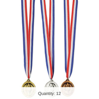 12 Pack Bulk Gold, Silver/Bronze Medals with Ribbon