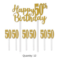 12 Pack Bulk Happy 50th Birthday Party Cake Topper
