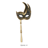 12 Pack Bulk Mardi Gras Glittered Mask with Stick - gold - sticks attached