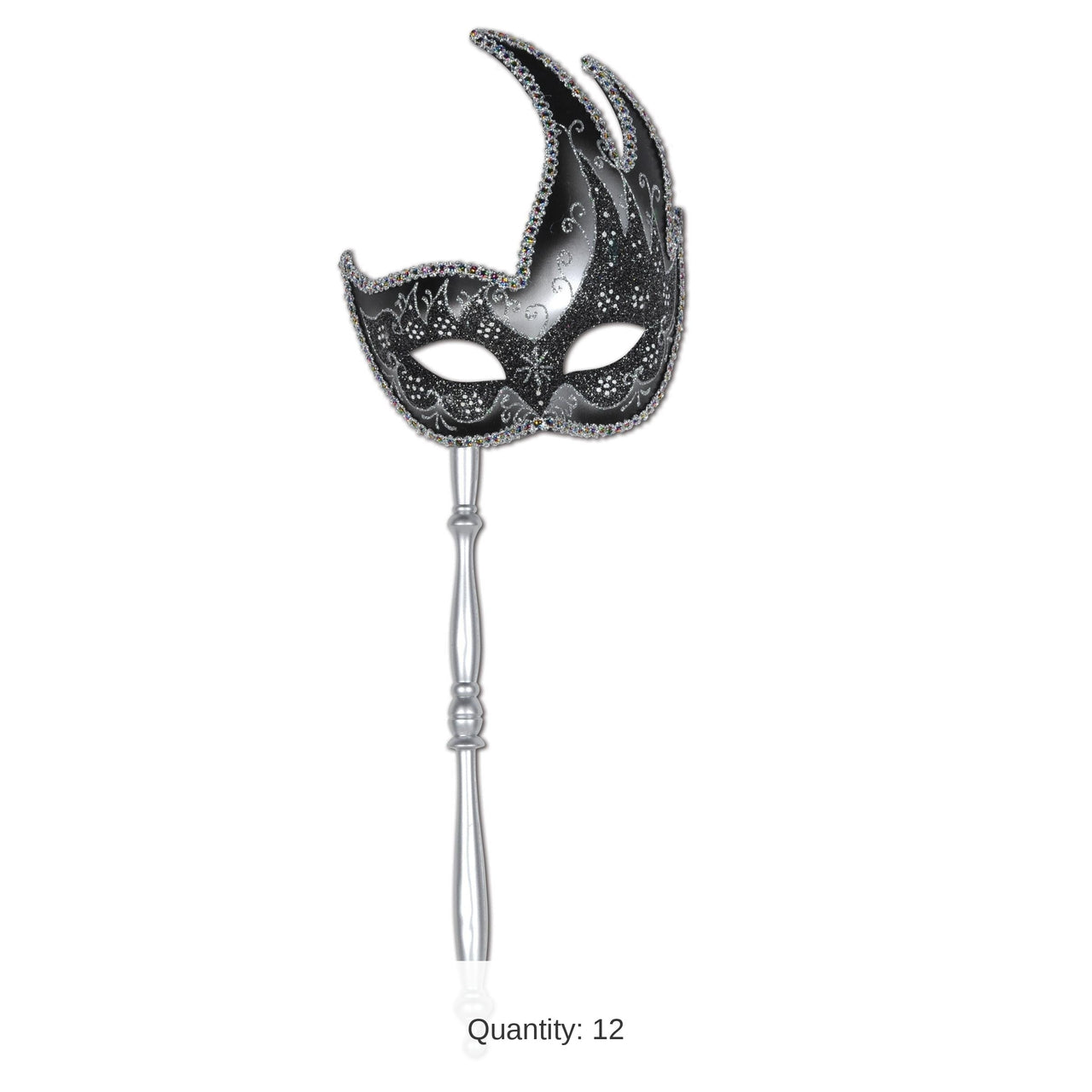 12 Pack Bulk Mardi Gras Glittered Mask with Stick - silver - sticks attached