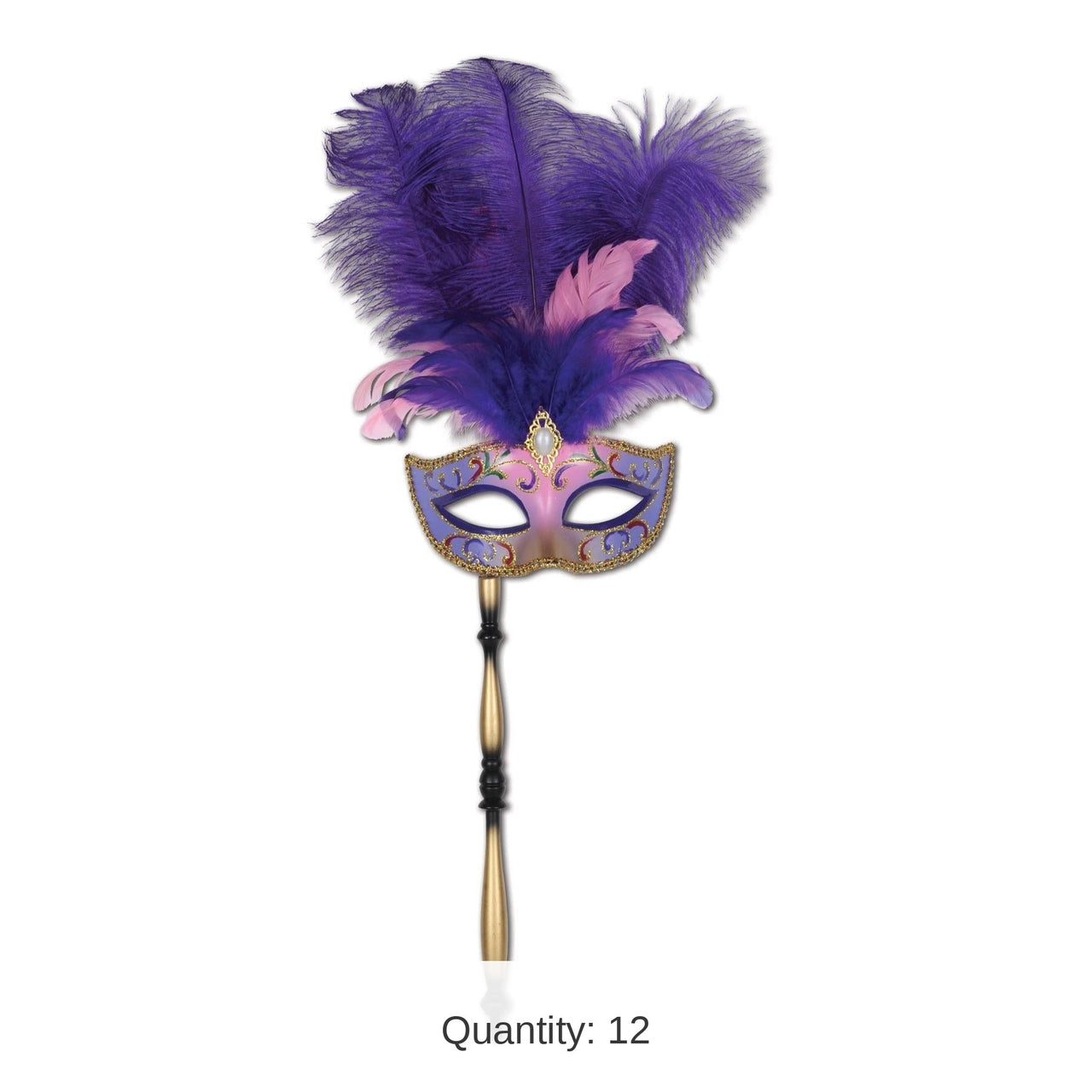 12 Pack Bulk Glitttered Feather Mardi Gras Costume Mask with Stick- Purple