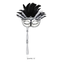 12 Pack Bulk Glittered Feather Mardi Gras Costume Mask with Stick
