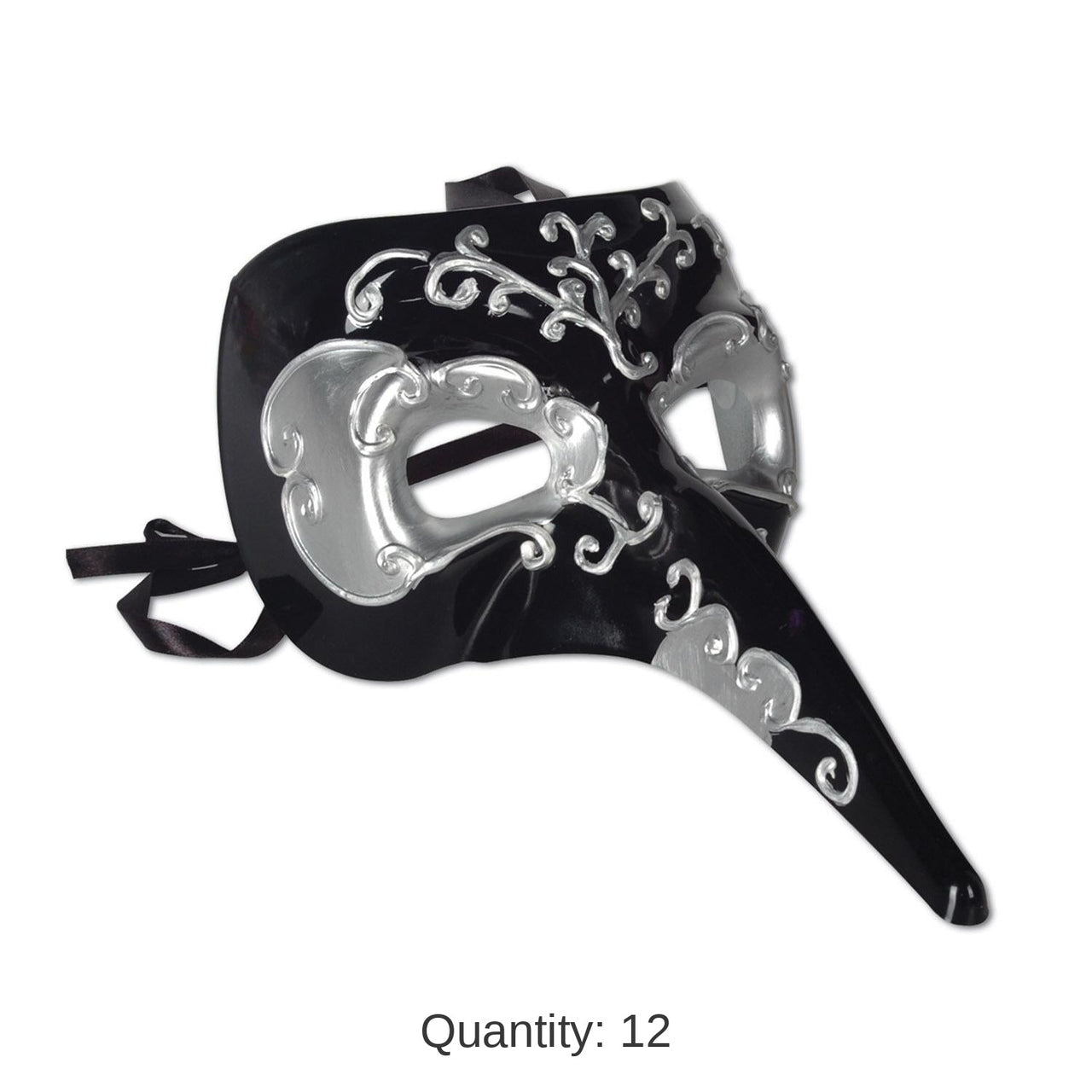 12 Pack Bulk Mardi Gras Long Nose Mask - black/silver - black ribbon ties
