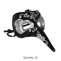 12 Pack Bulk Mardi Gras Long Nose Mask - black/silver - black ribbon ties