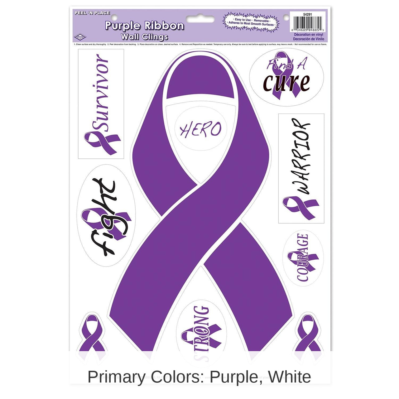 12 Pack Bulk Purple Ribbon/Find A Cure Peel 'N Place Cling Sheets