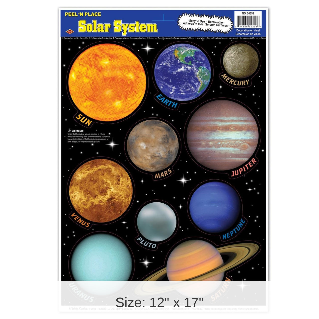 12 Pack Bulk Solar System Party Peel 'N Place Cling Sheets