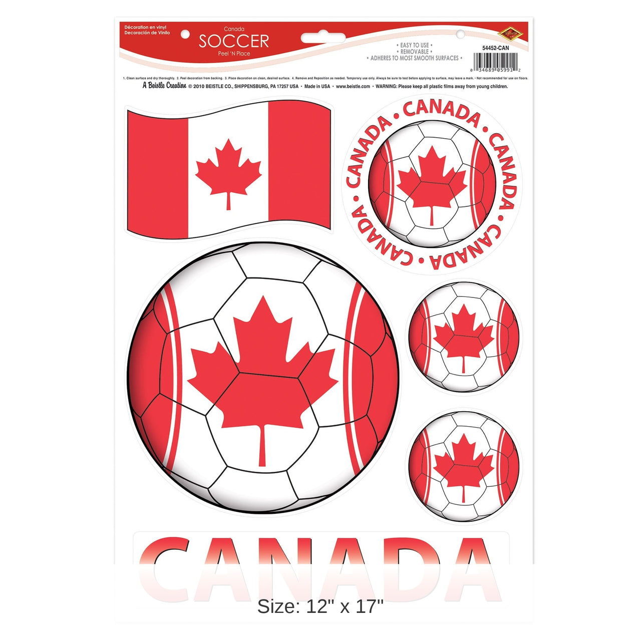 12 Pack Bulk Canada Soccer Peel 'N Place Decals