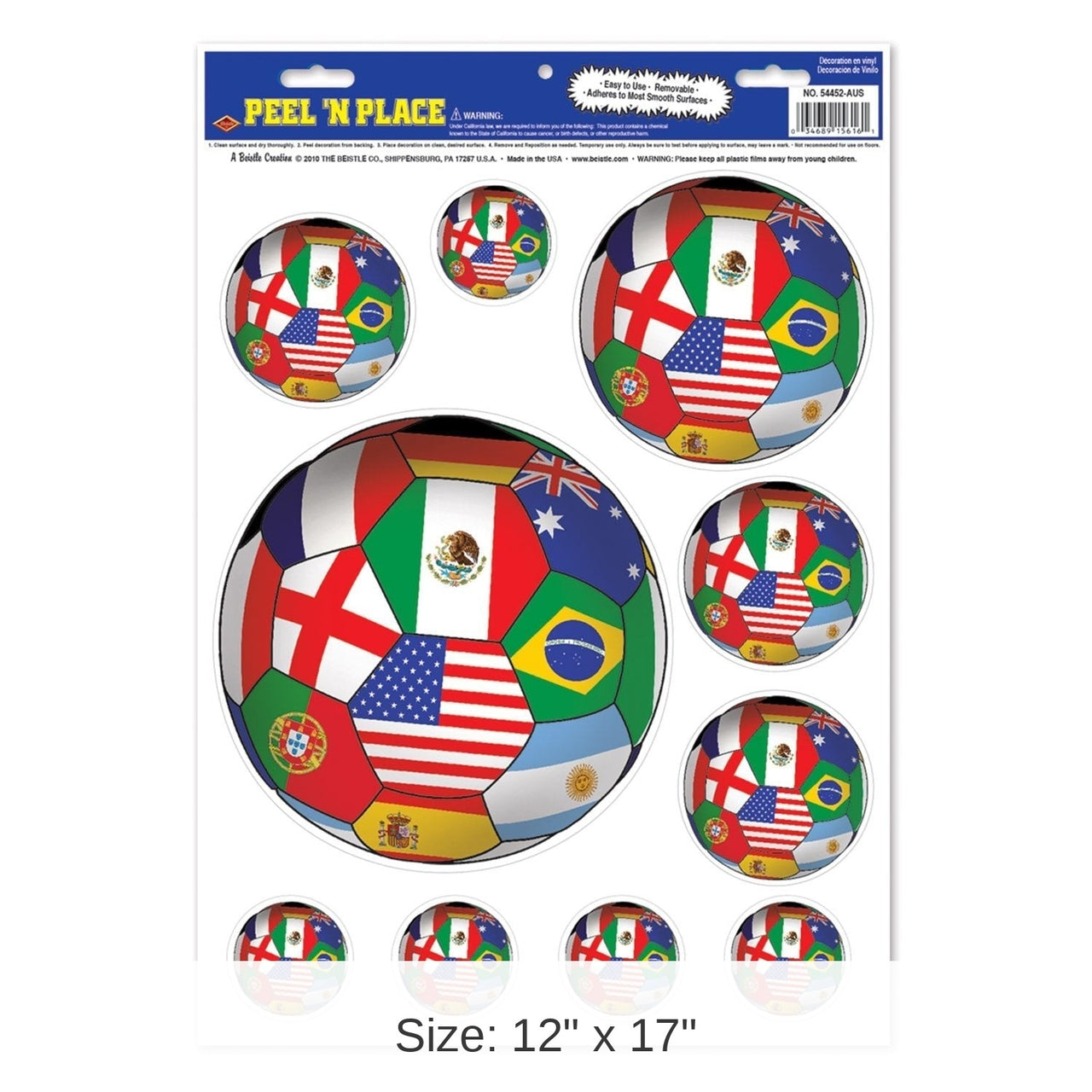 72 Piece Bulk Soccer Party Peel 'N Place Clings - International