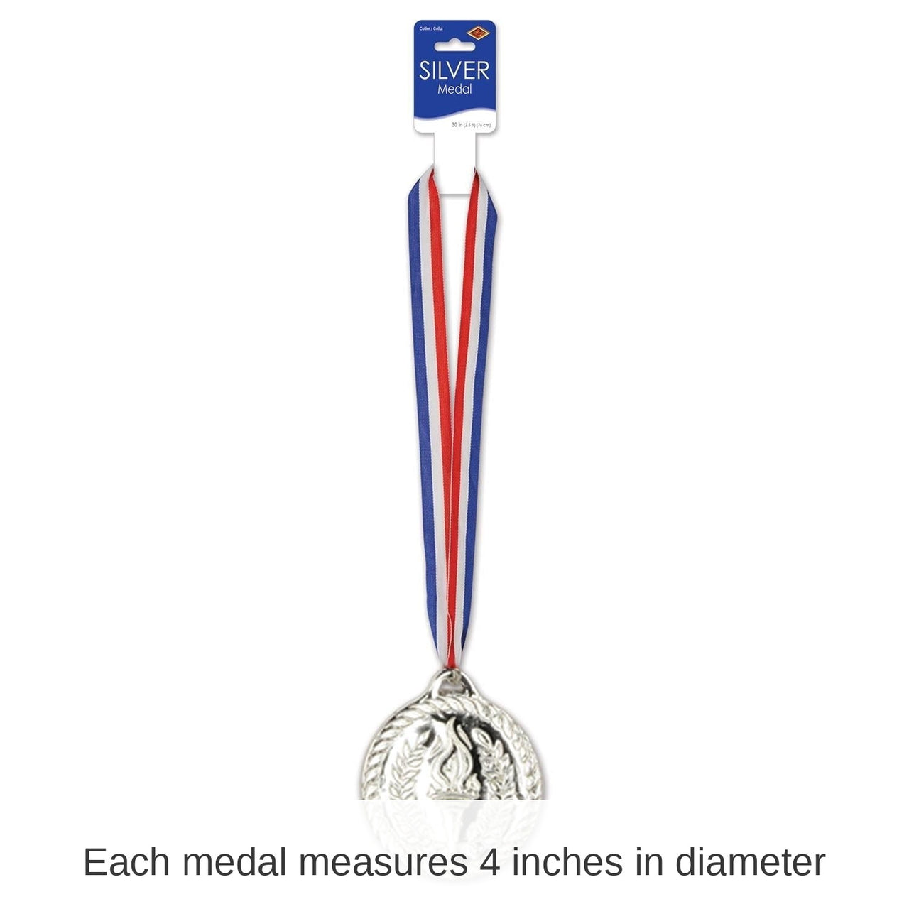 12 Pack Bulk 4 Inch- Silver Medal with Ribbon