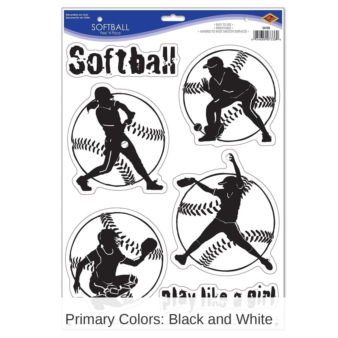 72 Piece Bulk Softball Party Peel 'N Place Clings