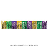6 Pack Bulk Mardi Gras Metallic Fringe Drape Gold, Green, Purple (15 inch x 10 ft)