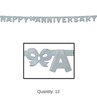 12 Pack Bulk Foil Happy Anniversary Streamer - Silver (4.25 Inches x 6 ft)